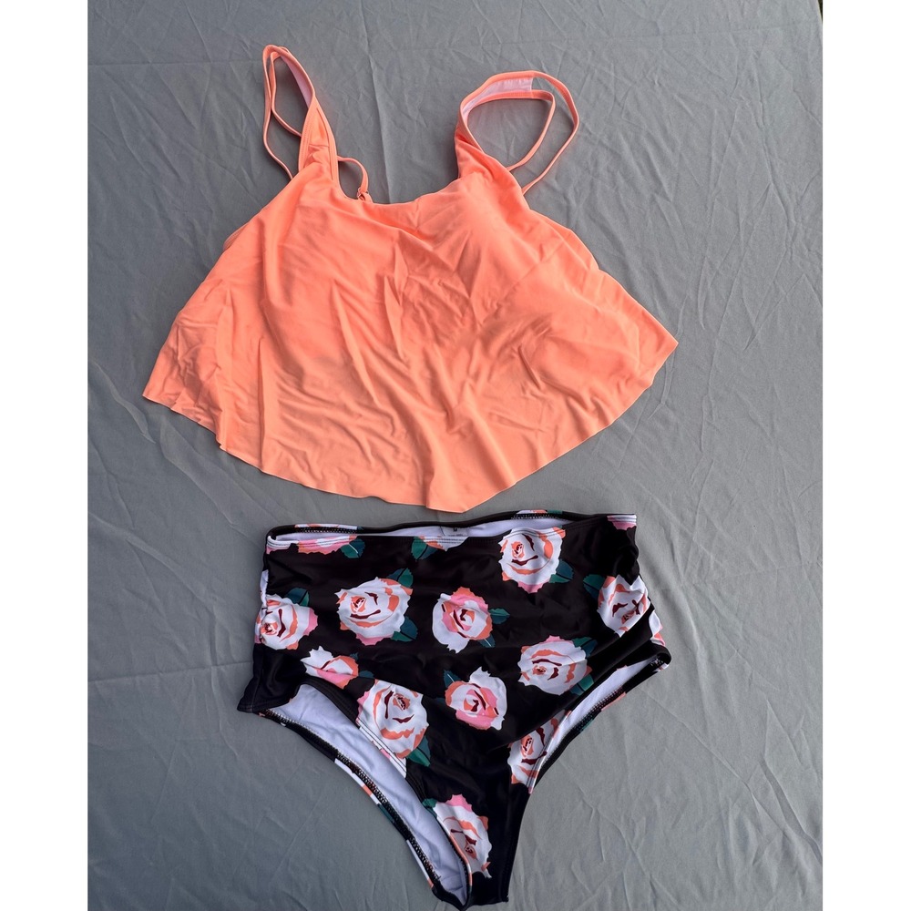 Orange Flounce Tankini Set Floral High Waist Bikini Two Piece Size M
